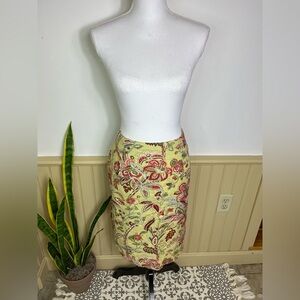 Silk Club Linen Floral Midi Skirt Sz 12 Cottagecore Boho Chic Tropical Island